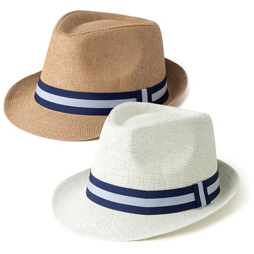 4 Pack Short Brim Straw Fedora Summer Beach Sun Hat Men - color: 2 Pcs Set M