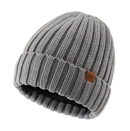 Home Prefer Mens Winter Hat Wool Fleece Lined Knit Beanie Hat Warm Stocking Caps - color: Light Grey
