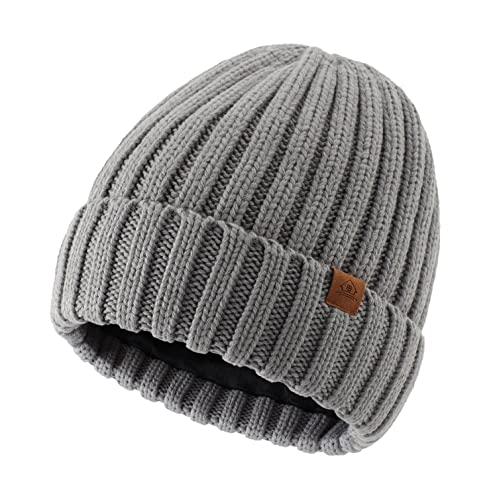 Home Prefer Mens Winter Hat Wool Fleece Lined Knit Beanie Hat Warm Stocking Caps - color: Light Grey
