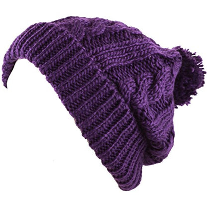 Women and Men Beanie Daily Winter Oversized Thick Stretchy Knitted Pom Pom Beanie Fleece Lined Beanie Hat - color: 1. Curly Purple