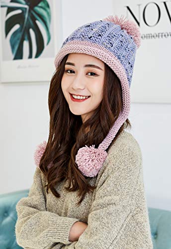 HUAMULAN Women Winter Sherpa Knit Beanie Hat Fleece Lined Ear Flaps - color: Lightgray