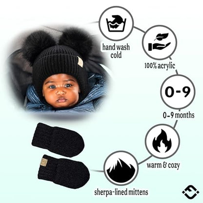 Funky Junque Baby Double Faux Fur Pom Pom Beanie & Mittens Set – Newborn Infant 0–9 Months Winter Hat with Soft Lined Mittens - color: Ear Flap Black W/ Black Mittens (0-9 Months)