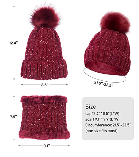 IYEBRAO Womens Winter Knit Beanie Hat and Scarf Set Girls Cute Slouchy Thick Fleece Lined Ski Hat Warm Skull Cap with Pom - color: Wine Red