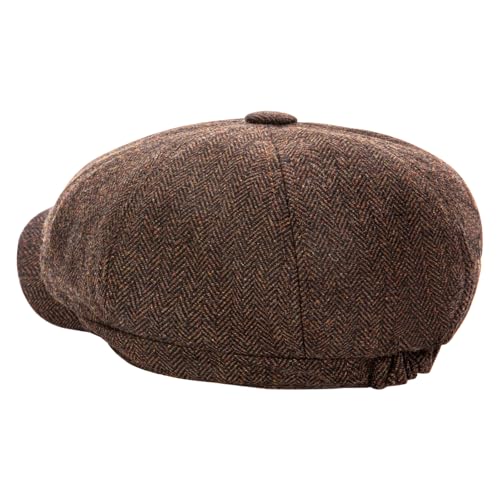 Men's Wool Newsboy Cap 8-Panel Tweed Taxi Hat Herringbone Gatsby Flat Hats - color: D-coffee