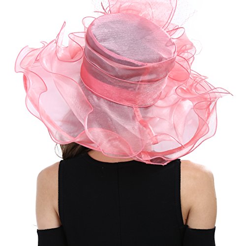 Janey&Rubbins Women's Feathers Floral Fascinating Wide Brim Lightweight Church Derby Hat - color: Pink