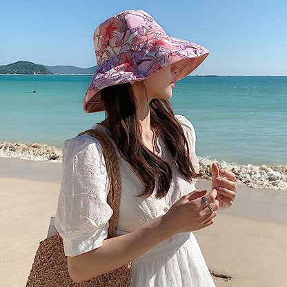 HUAMULAN Wide Brim Women Summer Sun Floppy Hat Reversible Beach Bucket Hat - color: M1744-pink