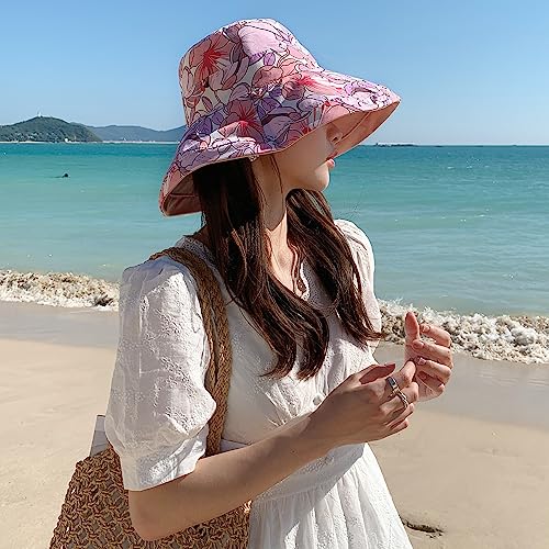 HUAMULAN Wide Brim Women Summer Sun Floppy Hat Reversible Beach Bucket Hat - color: M1744-pink