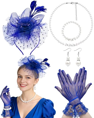 Fascinator Tea Party Hat Set for Women Elegant Vintage Accessories for High Tea Wedding Bridal Shower - color: Royal Blue