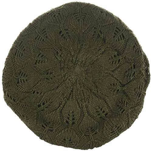 BYOS Women Mid-Weight Slouchy Leafy Cutout Crochet Soft Knit French Beret Hat - color: Olive Green Leafy