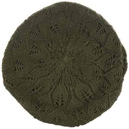 BYOS Women Mid-Weight Slouchy Leafy Cutout Crochet Soft Knit French Beret Hat - color: Olive Green Leafy
