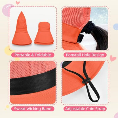 ZOORON Kids Girls Ponytail Sun Hat UPF 50+ Breathable Mesh Water-Resistant - color: Solid Orange