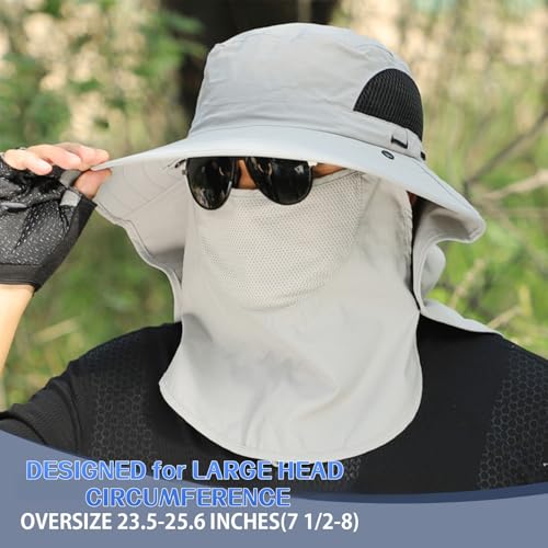 ALANDUO Wide Brim XXL Sun Hats for Men Big Head, UPF 50+ Fishing Sun Hat with Neck Face Flap, Safari Boonie Hat for Men Women