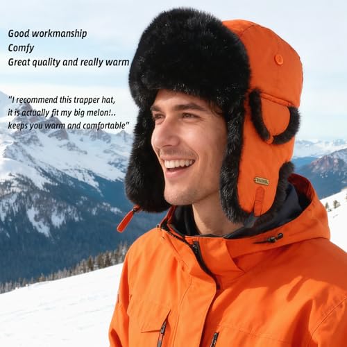 Trapper Hat for Men Women Faux Fur Aviator Russian Ushanka Hat Winter Hunting Hats with Ear Flaps Fur Tropper Bomber Ski Hats - color: Orange, size: XX-Large-3X-Large