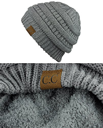 C.C Unisex Chunky Soft Stretch Cable Knit Warm Fuzzy Lined Skully Beanie - color: Light Melange Gray