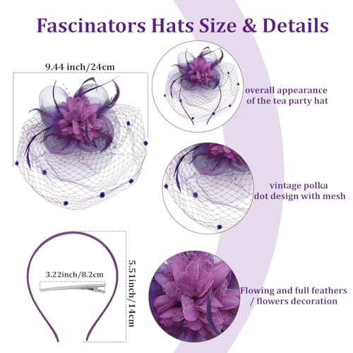 Semato Fascinators Hats for Women Mesh Feathers Elegant Purple Tea Party Kentucky Hat Derby Headband with Hair Clip - color: Purple
