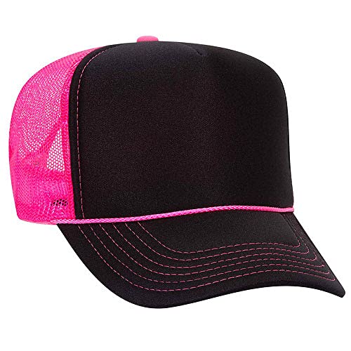 Ashen Fane Polyester Foam Front 5 Panel High Crown Mesh Back Trucker Hat - color: Blk/Blk/N.pnk