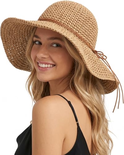 Beach Sun Straw Hats for Women Floppy Wide Brim UV Packable Summer - color: Khaki