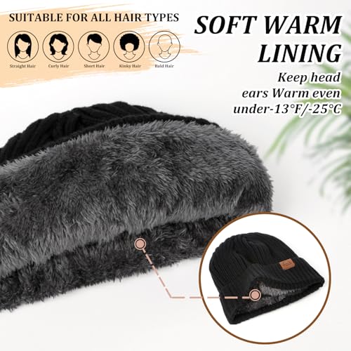 Fashion Knit Beanies Hats, Men Women Warm Beanie for Winter, Fleece Lined Beanie, Thermal Thick Snow Skull Cap - color: Black