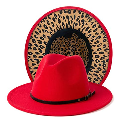 Women Two Tone Wide Brim Fedora Felt Panama Hat - color: Red/Leopard