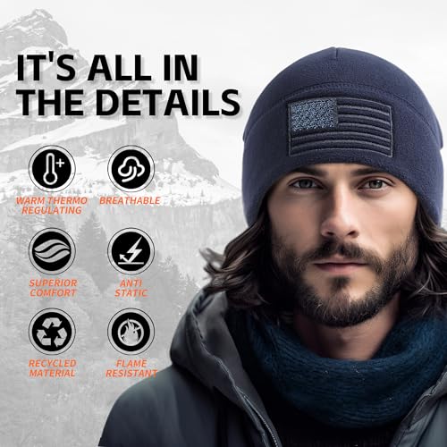 OUTDOOR SHAPING American Flag Fleece Beanie with Embroidered Patch Hat - color: Navy