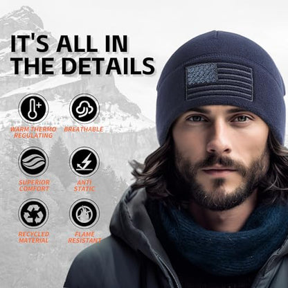 OUTDOOR SHAPING American Flag Fleece Beanie with Embroidered Patch Hat - color: Navy