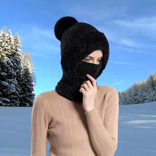 HUAMULAN Women Winter Knit Beanie Hats One Piece Fleece Lined Balaclavas - color: Black + Faux Fur