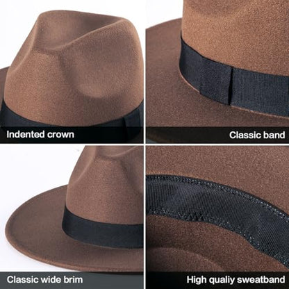Felt Wide Brim Fedora Hats for Women Men, with Band Belt Buckle, Adjustable - color: P04 Mocha Brown
