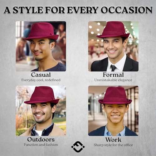 Funky Junque Fedora Hats for Men – Classic Wool Blend Trilby Dress Hat, Short Brim Men’s Fedoras for Formal & Casual Wear - color: Burgundy, size: 6 3/4-7 1/8