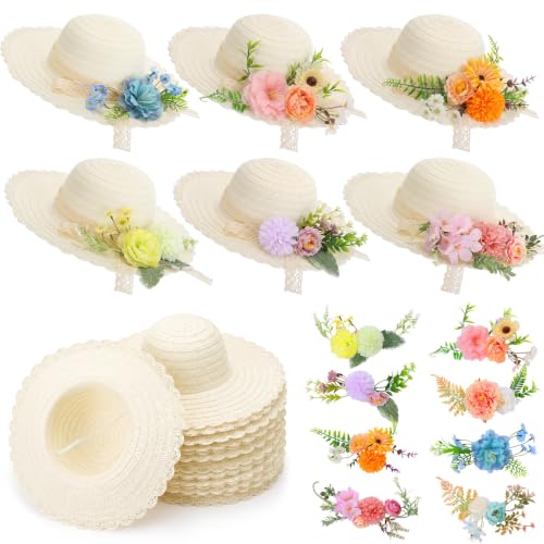 8 Sets DIY Straw Hat Kit for Women, Tea Party Hats with White Lace Edge