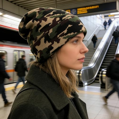 American Flag Beanie, USA Embroidered Winter Hat for Women Men - color: Camo-green
