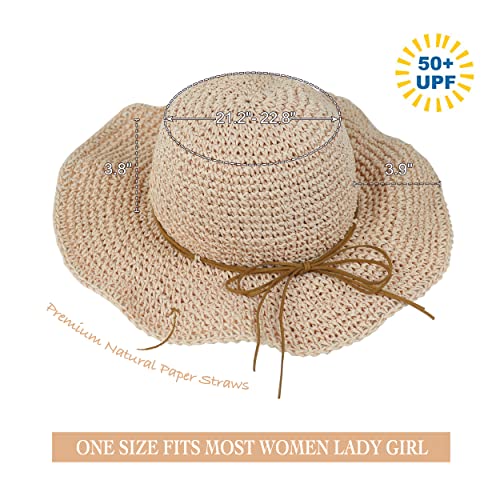Women Sun Hat Wide Brim Floppy Beach Hat Breathable UV UPF 50+ Straw Hat Foldable Packable Summer Outdoor Cap - color: Pink