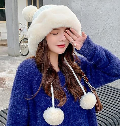 Winter Pompom Beanie Hats Women Knit Womens Beanie Faux Fur Crochet Skull Cap Warm Bucket Outdoor Ear Cover - color: White