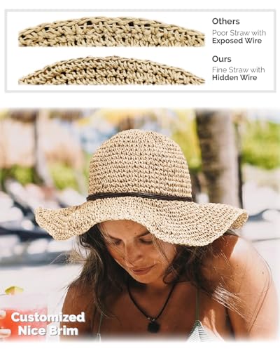 Hat Hut Floppy Beach Hat Crochet Straw Sun Hats for Women Wide Brim Handmade Summer Travel Hat Foldable Packable (US, Alpha, One Size, Beige)