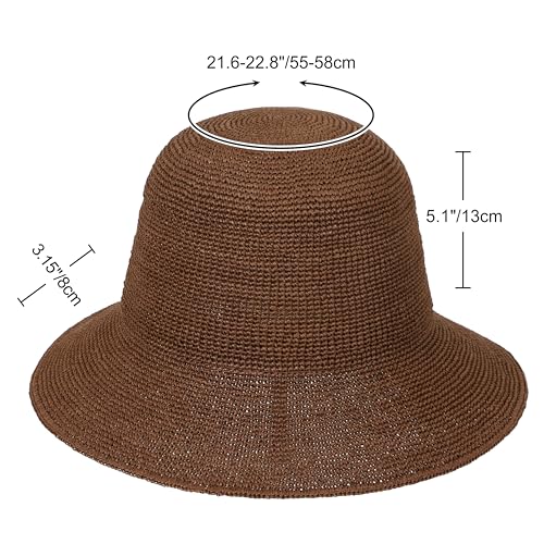 Womens Sun Hat Handmade Foldable Straw Bucket Hat Summer Crochet Travel Cap - color: Coffee, size: Small