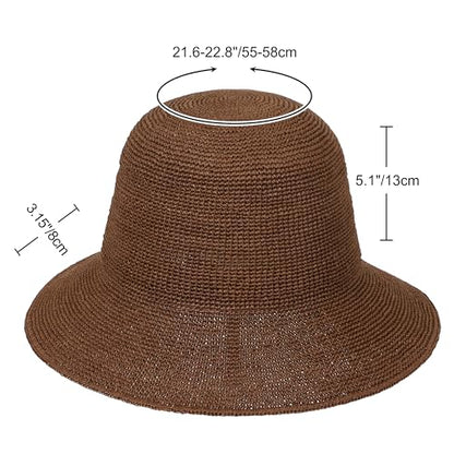 Womens Sun Hat Handmade Foldable Straw Bucket Hat Summer Crochet Travel Cap - color: Coffee, size: Small