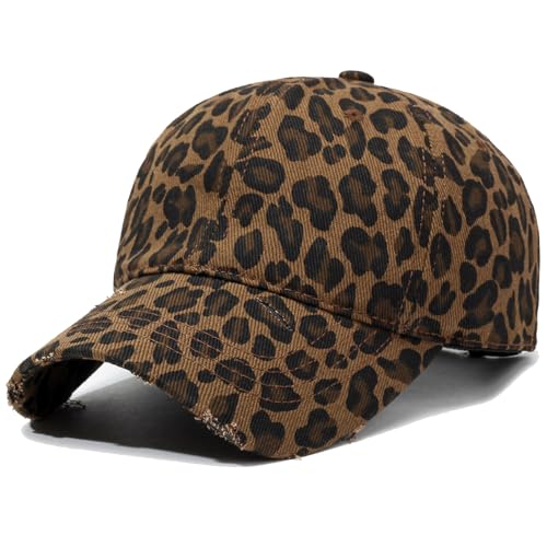 Baseball Hats for Women Men Adjustable Leopard Print Dad Trucker Hat Cotton Sun Protection Caps Sports Golf Medium - color: Dark Coffee-scratch Brim