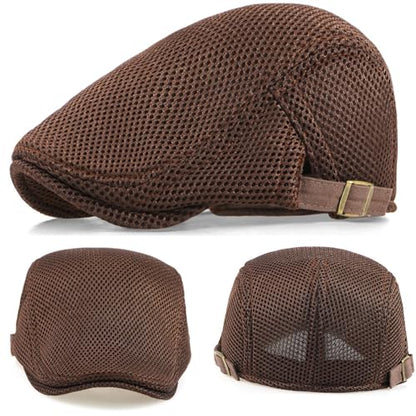2 Pack Men's Mesh Cap Breathable Summer Newsboy Hat Adjustable Beret Ivy Cap Irish Cabbie Driving Hunting Hats - color: Black/Coffee