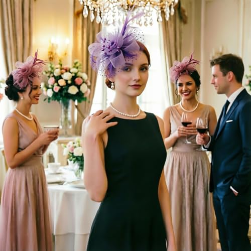 DRESHOW Fascinators Hat Flower Mesh Ribbons Feathers on a Headband and a Clip Tea Party Headwear for Girls and Women - color: 7" Diameter / Dark Purple & Light Purple