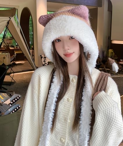 HUAMULAN Women Winter Sherpa Knit Beanie Hat Fleece Lined Ear Flaps - color: Khaki and White
