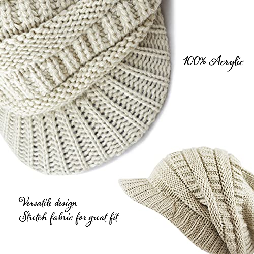 The Hat Depot - Visor Beanie Unisex Winter Knit Skull Beanie with Brim Hat - color: 1. Beige