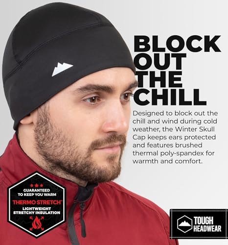Tough Headwear Thermal Skull Cap - Moisture-Wicking Running Beanie - Wind-Blocking Cycling Cap - 4-Way Stretch Beanie for Men - color: Black & Dark Gray - 2 Pack