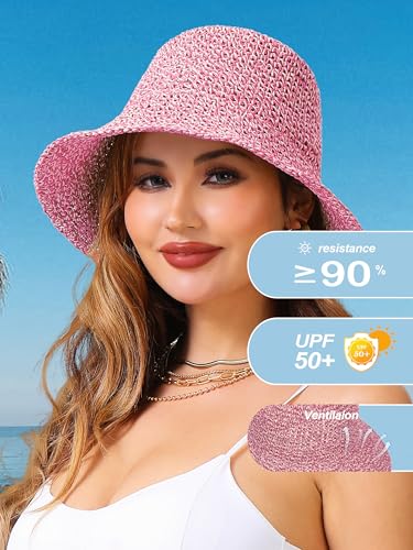 sy soul young Women's Straw Sunhat Wide Brim Hand Woven Beach Bucket Hat - color: Beige & Hot Pink