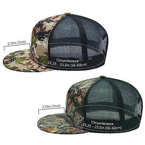 BASSDASH 2 Pack Flat Brim Trucker Cap Adjustable Snapback Hat Mesh Back for Men Women Fishing Hunting - color: Pack of 2,highland & Autumn Forest