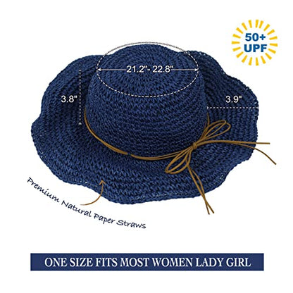 Women Sun Hat Wide Brim Floppy Beach Hat Breathable UV UPF 50+ Straw Hat Foldable Packable Summer Outdoor Cap - color: Navy Blue