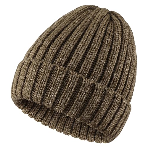 Connectyle Women's Rib Knit Cuffed Beanie Hat Stretch Acrylic Winter Hat Thick Warm Snow Ski Cap - color: Light Coffee