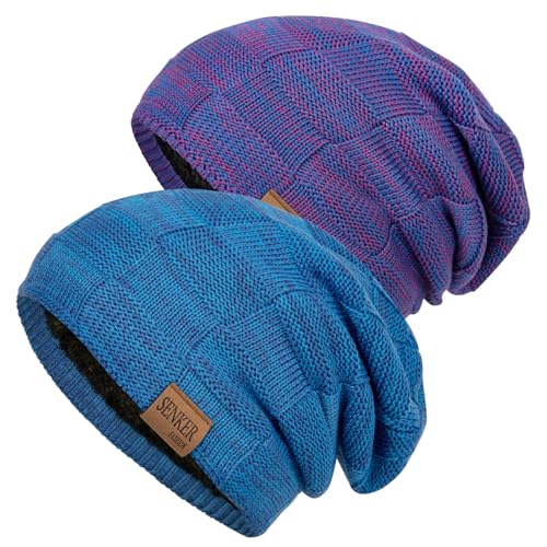 Senker Fashion 2 Pcs Winter Slouchy Beanie Hats for Men, Warm Mens Beanies - color: Blue Purple