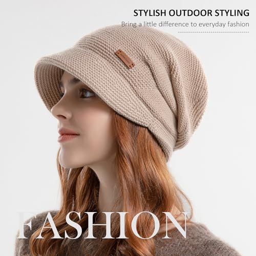 Womens Winter Beanie Hat,Fleece Lining Warm Knitted Slouchy Beanie Hats Cap with Visor - color: Khaki