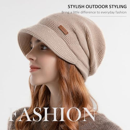 Womens Winter Beanie Hat,Fleece Lining Warm Knitted Slouchy Beanie Hats Cap with Visor - color: Khaki