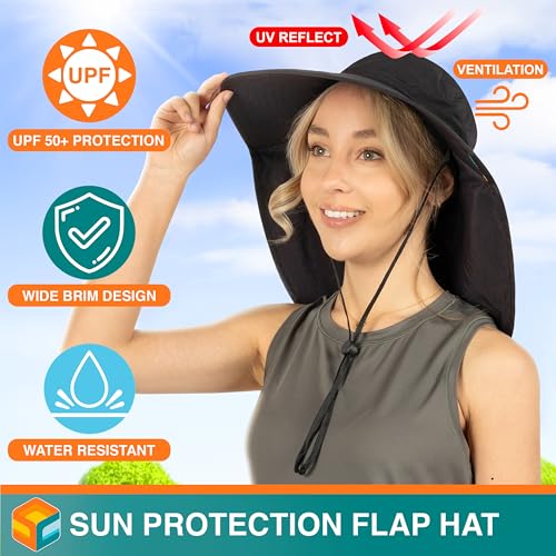 SUN CUBE Wide Brim Sun Hat with Neck Flap for Men Women, UPF50+ Fishing - color: Black With Bow