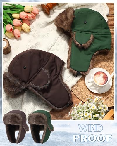 Chicingyou Trapper Hat for Man Women Warm Windproof Waterproof Russian Ushanka Hat Faux Fur Snow Ski Cap with Ear Flap - color: Green, Brown